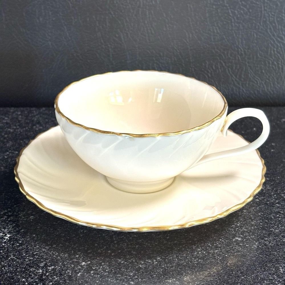 3 Sets of Lenox Laurent China Ivory Cups and Saucers Gold Trim Swirl Edge USA